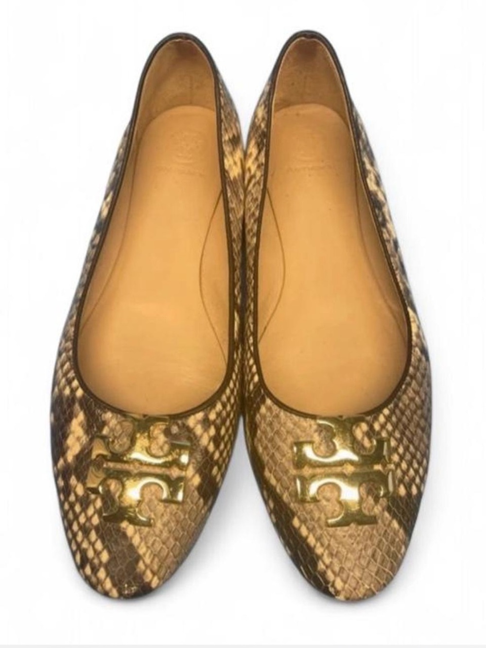Tory Burch Georgia ballet flats, snake-printed leather, gold-toned logo plaque.